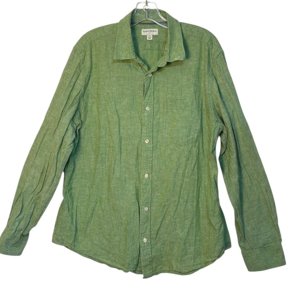 Banana Republic Button Up Shirt Linen Blend Long Sleeve Resort Casual Green XL‎